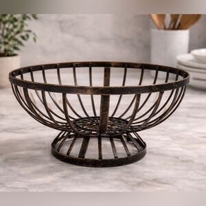 Vintage Black Metal Wire Pedestal Bowl Basket | Industrial Farmhouse Decor